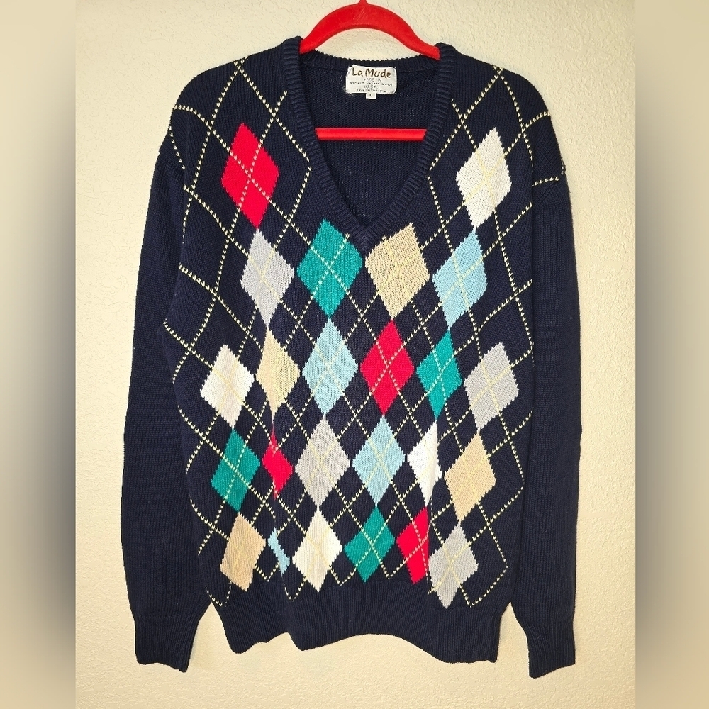 Vintage La Mode Mens Sweater Size Large Navy Blue Made In USA 💯 cotton